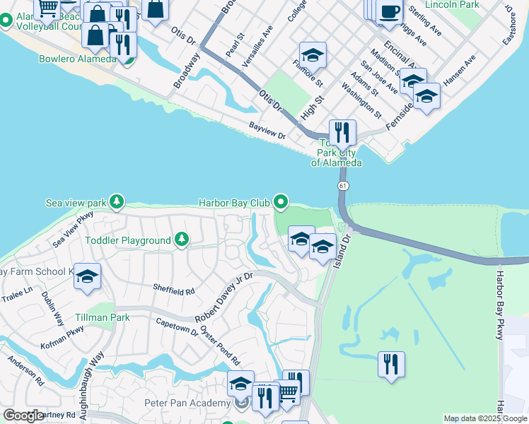 map of restaurants, bars, coffee shops, grocery stores, and more near 25 Palm Beach Lane in Alameda