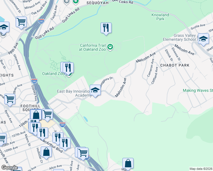 map of restaurants, bars, coffee shops, grocery stores, and more near 25 Woodcliff Court in Oakland