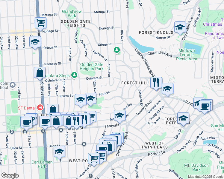map of restaurants, bars, coffee shops, grocery stores, and more near 2241 9th Avenue in San Francisco