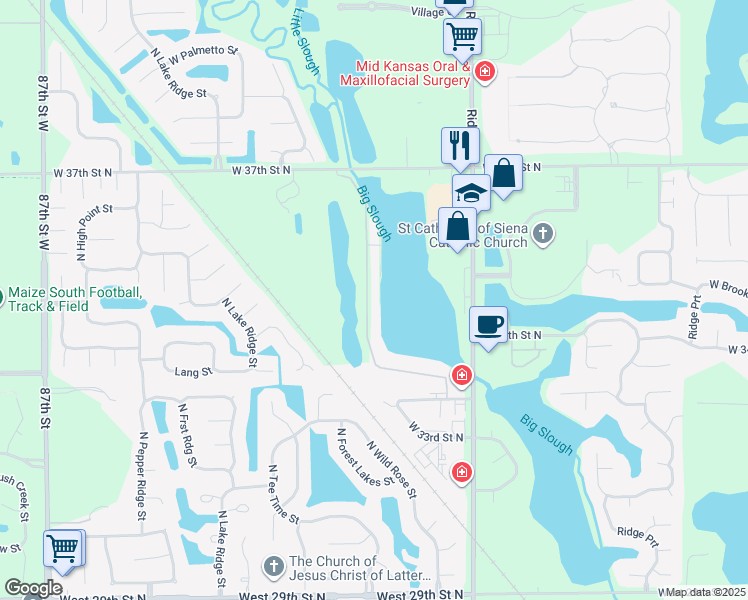 map of restaurants, bars, coffee shops, grocery stores, and more near 3518 North Beach Club Circle in Wichita