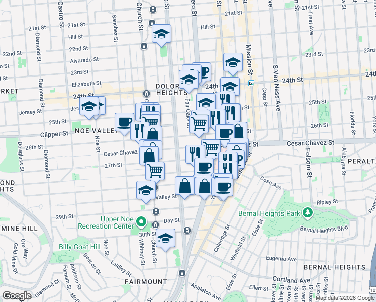 map of restaurants, bars, coffee shops, grocery stores, and more near 3771 Cesar Chavez in San Francisco