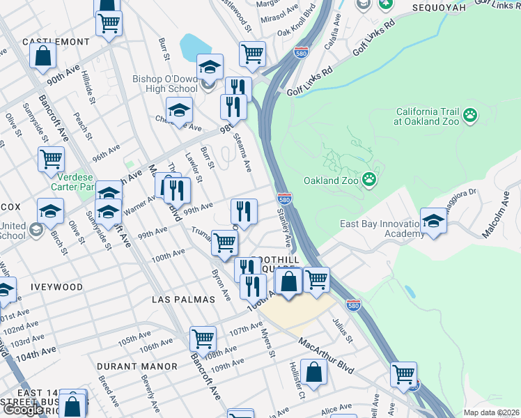 map of restaurants, bars, coffee shops, grocery stores, and more near 2724 Oliver Avenue in Oakland