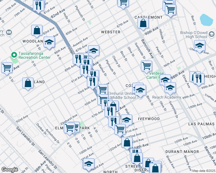 map of restaurants, bars, coffee shops, grocery stores, and more near 9427 Walnut Street in Oakland