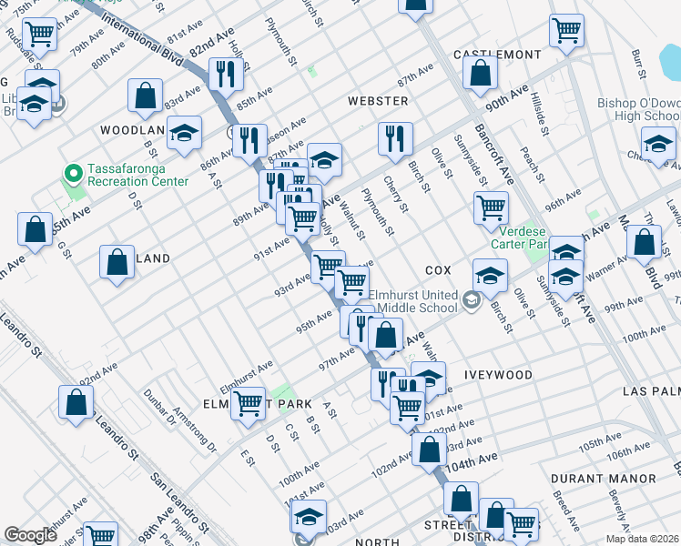 map of restaurants, bars, coffee shops, grocery stores, and more near 1427 94th Avenue in Oakland