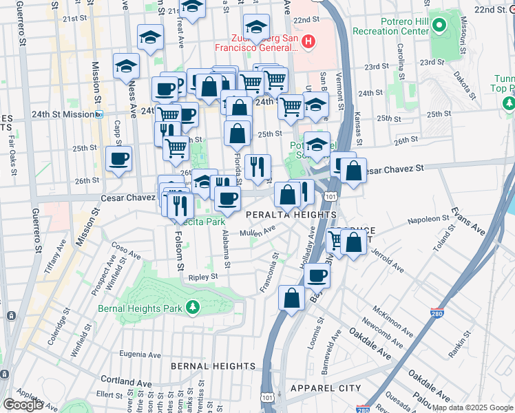 map of restaurants, bars, coffee shops, grocery stores, and more near 612 Precita Avenue in San Francisco
