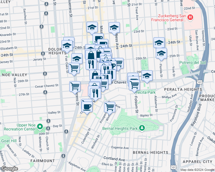 map of restaurants, bars, coffee shops, grocery stores, and more near in San Francisco