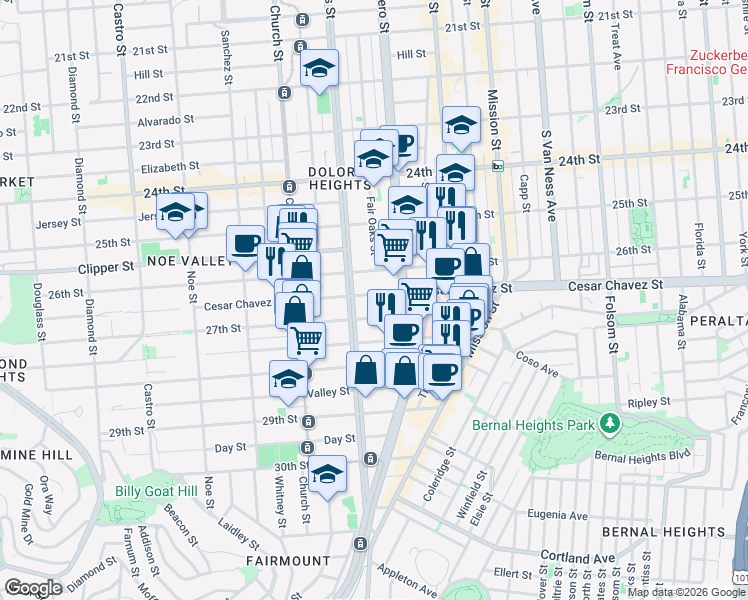 map of restaurants, bars, coffee shops, grocery stores, and more near 3771 Cesar Chavez in San Francisco
