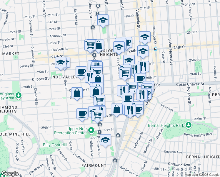 map of restaurants, bars, coffee shops, grocery stores, and more near 3821 Cesar Chavez in San Francisco