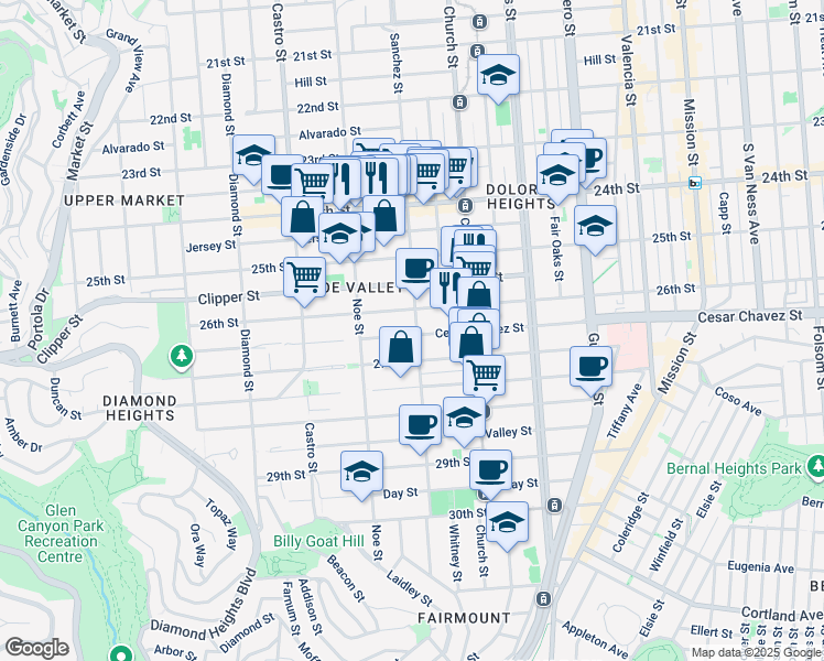 map of restaurants, bars, coffee shops, grocery stores, and more near 4035 Cesar Chavez in San Francisco