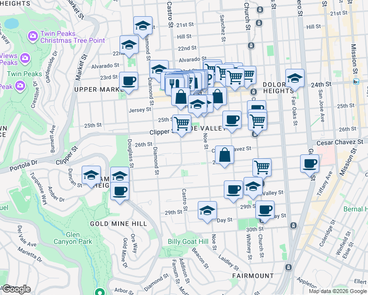 map of restaurants, bars, coffee shops, grocery stores, and more near 4180 Cesar Chavez Street in San Francisco