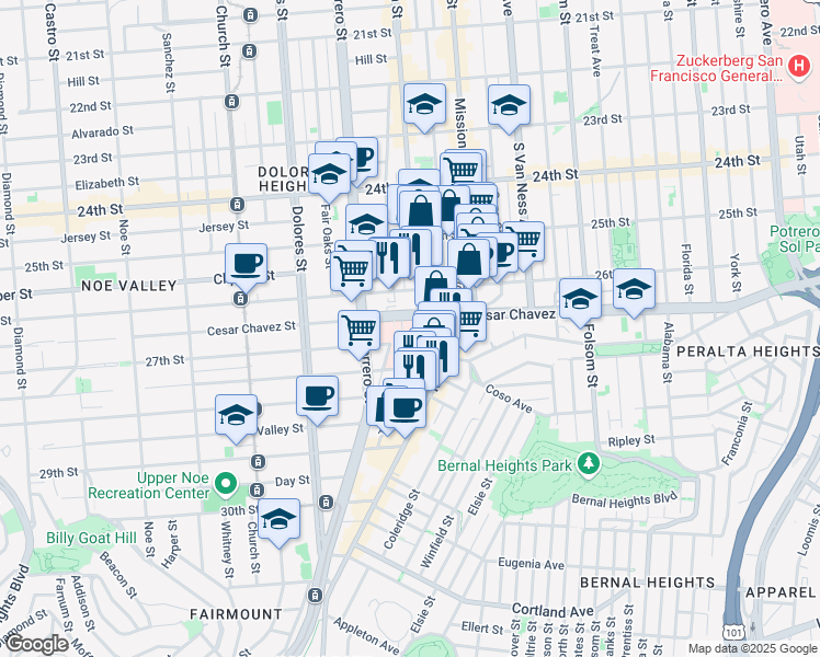 map of restaurants, bars, coffee shops, grocery stores, and more near 3555 Cesar Chavez in San Francisco