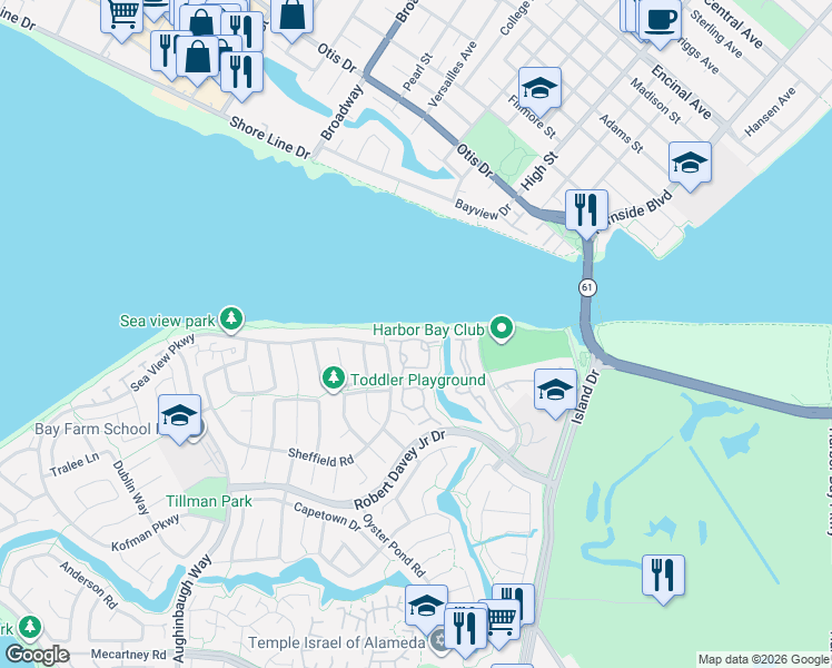 map of restaurants, bars, coffee shops, grocery stores, and more near 70 Bay Park Terrace in Alameda