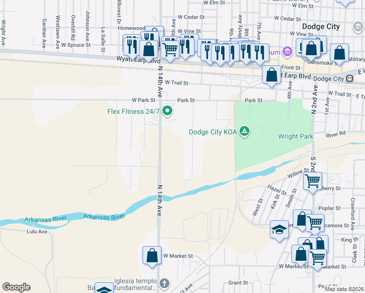 map of restaurants, bars, coffee shops, grocery stores, and more near 55 Cottonwood Avenue in Dodge City