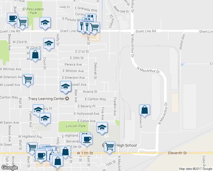map of restaurants, bars, coffee shops, grocery stores, and more near 413 Acacia Street in Tracy