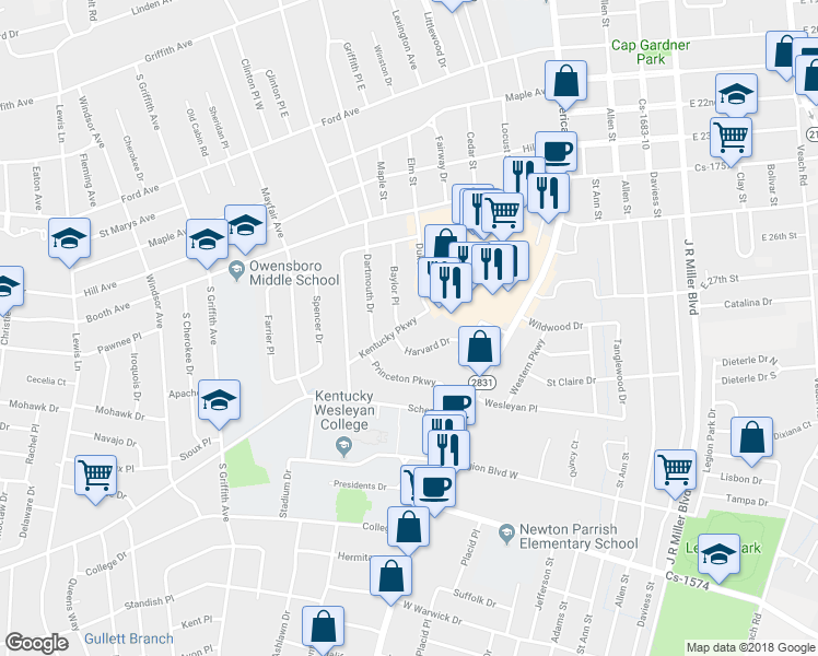 map of restaurants, bars, coffee shops, grocery stores, and more near 728 Kentucky Parkway in Owensboro