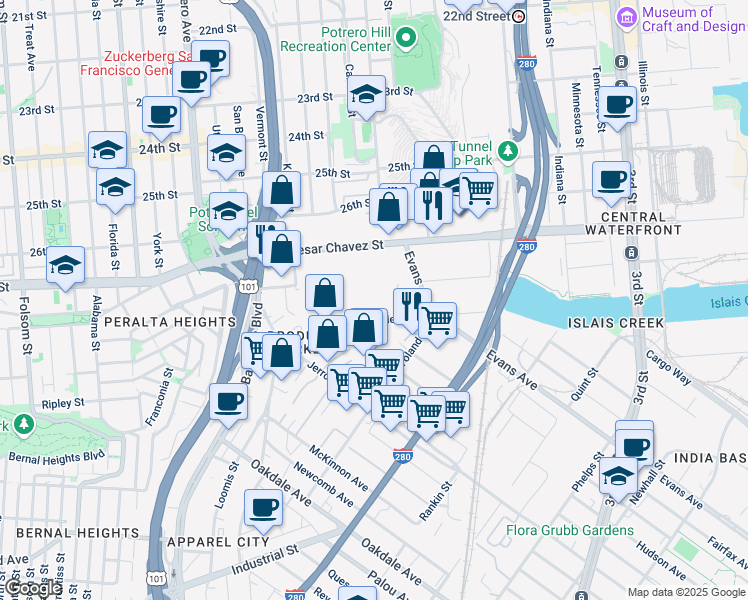 map of restaurants, bars, coffee shops, grocery stores, and more near 180 Napoleon Street in San Francisco