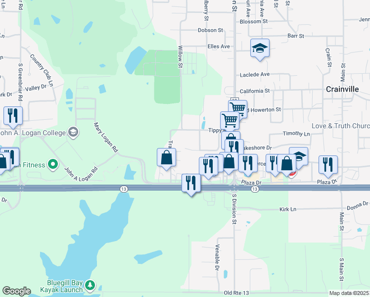 map of restaurants, bars, coffee shops, grocery stores, and more near 499 Marcia Drive in Carterville