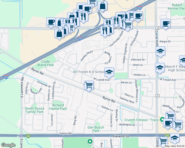 map of restaurants, bars, coffee shops, grocery stores, and more near 1619 Bridle Creek Circle in Tracy