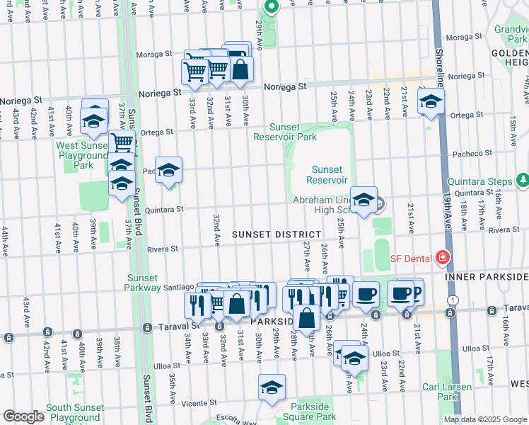 map of restaurants, bars, coffee shops, grocery stores, and more near 2131 29th Avenue in San Francisco