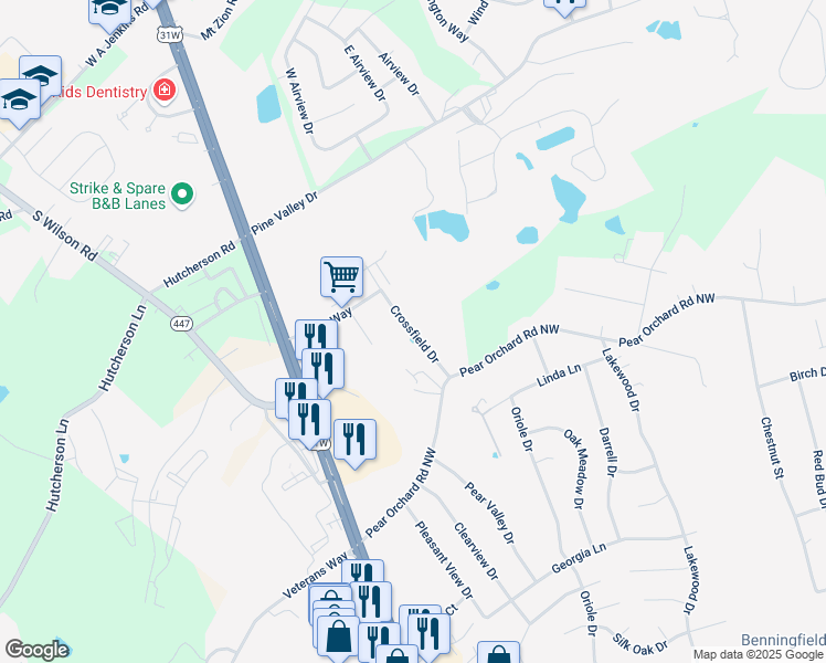 map of restaurants, bars, coffee shops, grocery stores, and more near Crossfield Drive in Elizabethtown