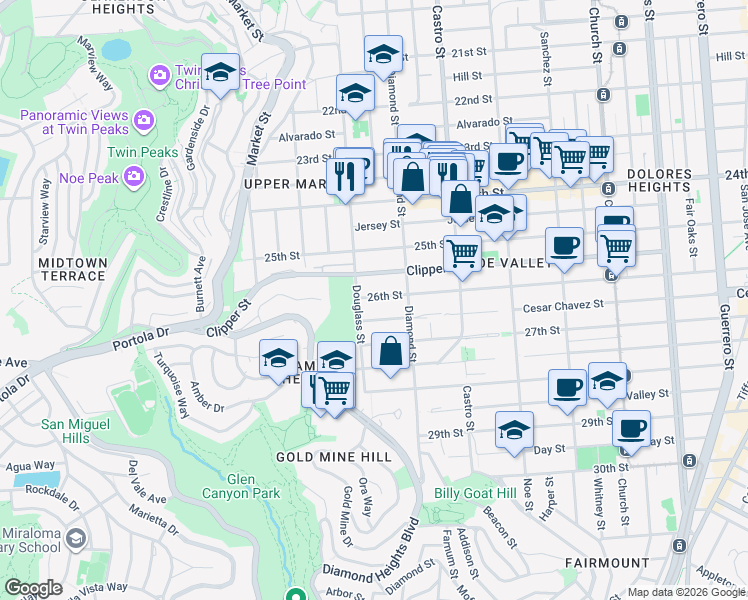 map of restaurants, bars, coffee shops, grocery stores, and more near 4365 26th Street in San Francisco