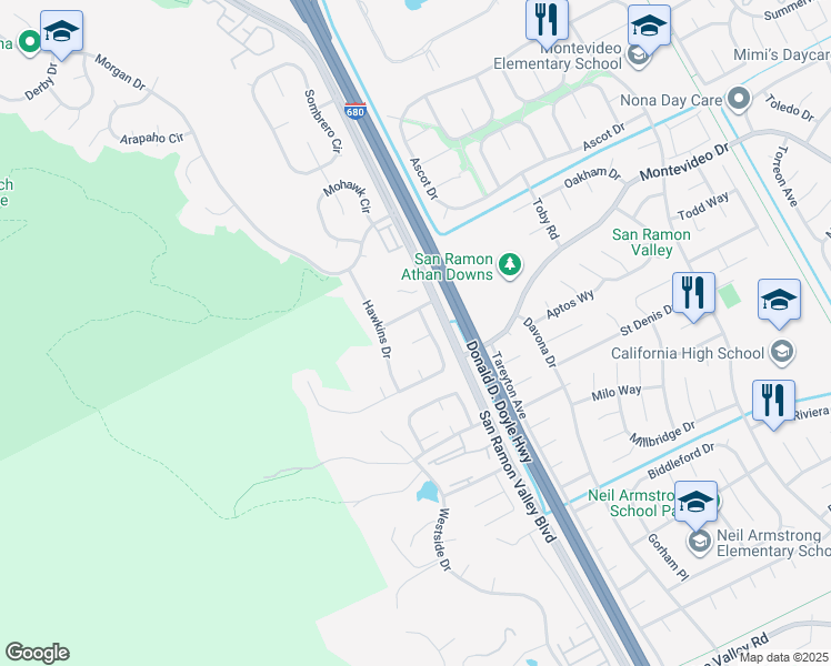 map of restaurants, bars, coffee shops, grocery stores, and more near 15 Lawton Court in San Ramon