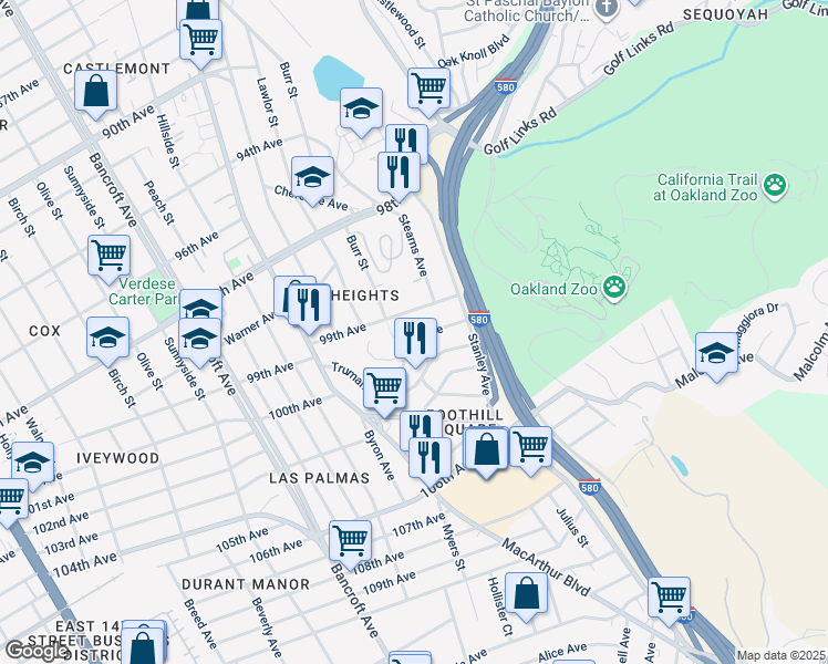 map of restaurants, bars, coffee shops, grocery stores, and more near 2701 Oliver Avenue in Oakland