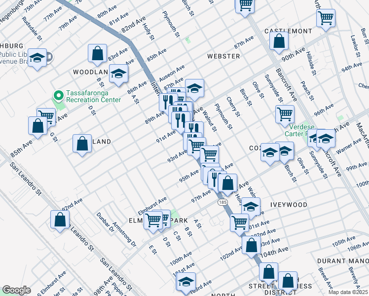 map of restaurants, bars, coffee shops, grocery stores, and more near 1380 93rd Avenue in Oakland