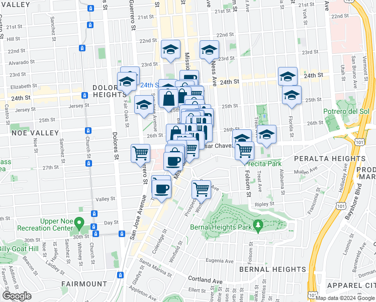 map of restaurants, bars, coffee shops, grocery stores, and more near in San Francisco