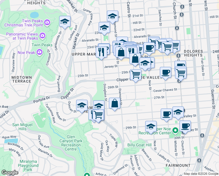 map of restaurants, bars, coffee shops, grocery stores, and more near 4371 26th Street in San Francisco