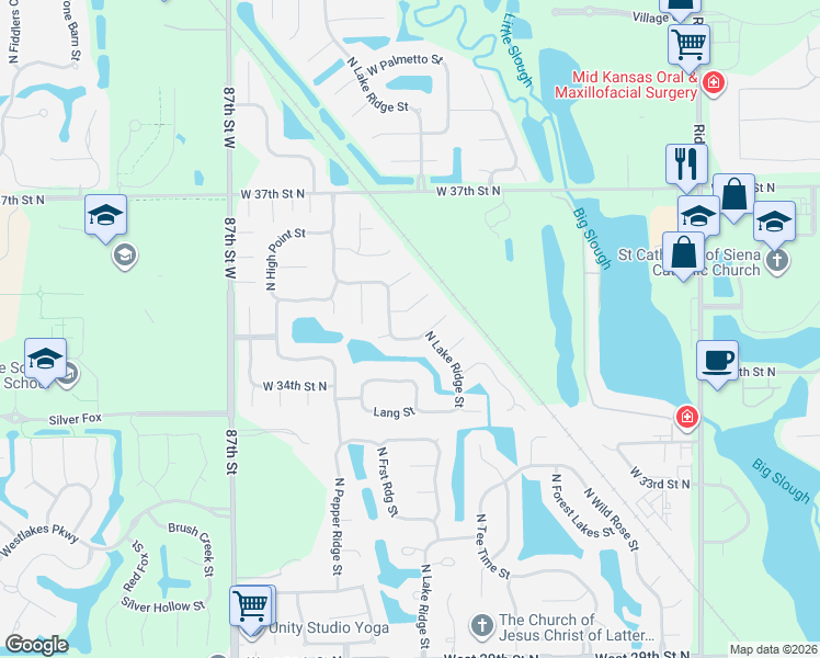 map of restaurants, bars, coffee shops, grocery stores, and more near 3513 Forest Ridge in Wichita