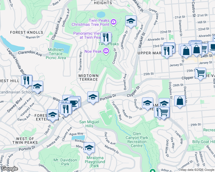 map of restaurants, bars, coffee shops, grocery stores, and more near 68 Glenview Drive in San Francisco