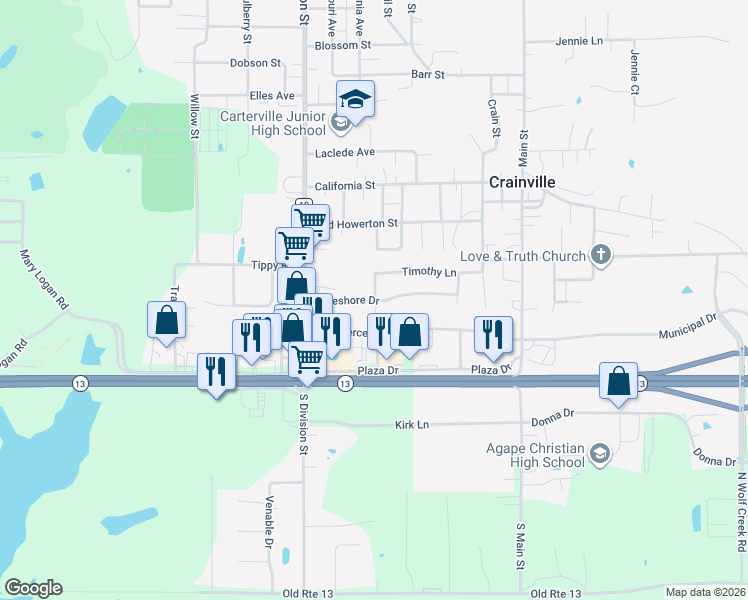 map of restaurants, bars, coffee shops, grocery stores, and more near 299 Lakeshore Dr in Carterville