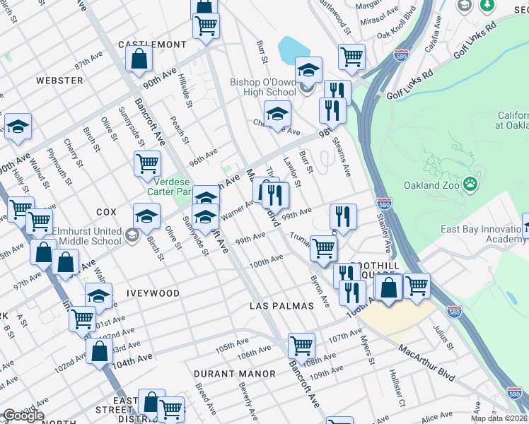 map of restaurants, bars, coffee shops, grocery stores, and more near 9877 MacArthur Boulevard in Oakland