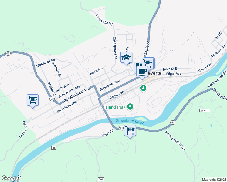map of restaurants, bars, coffee shops, grocery stores, and more near 612-698 Edgar Avenue West in Ronceverte