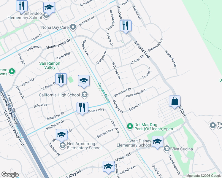 map of restaurants, bars, coffee shops, grocery stores, and more near 3221 Ensenada Drive in San Ramon