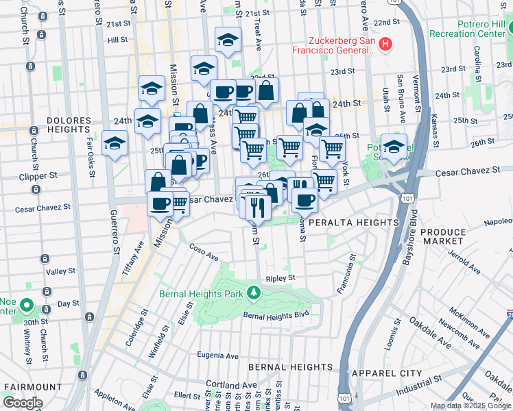 map of restaurants, bars, coffee shops, grocery stores, and more near 3125 Folsom Street in San Francisco