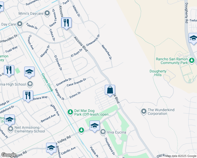 map of restaurants, bars, coffee shops, grocery stores, and more near 6 San Pedro Place in San Ramon
