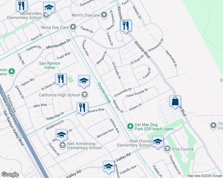 map of restaurants, bars, coffee shops, grocery stores, and more near 3211 De Anza Place in San Ramon