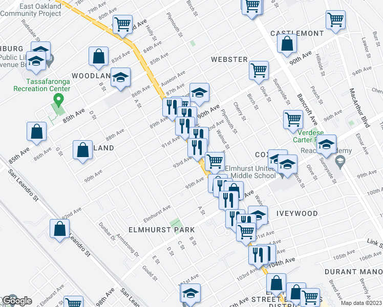 map of restaurants, bars, coffee shops, grocery stores, and more near 9251 International Boulevard in Oakland