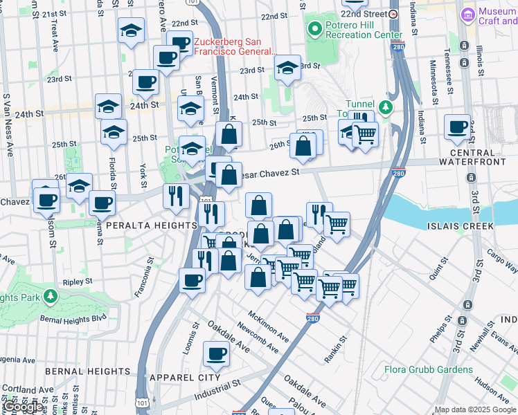 map of restaurants, bars, coffee shops, grocery stores, and more near 222 Napoleon St in San Francisco