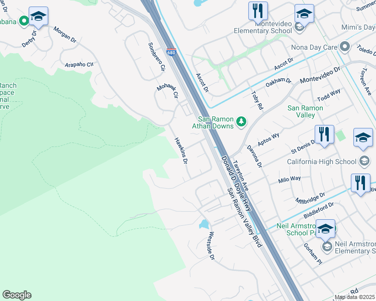 map of restaurants, bars, coffee shops, grocery stores, and more near 12940 Hawkins Drive in San Ramon