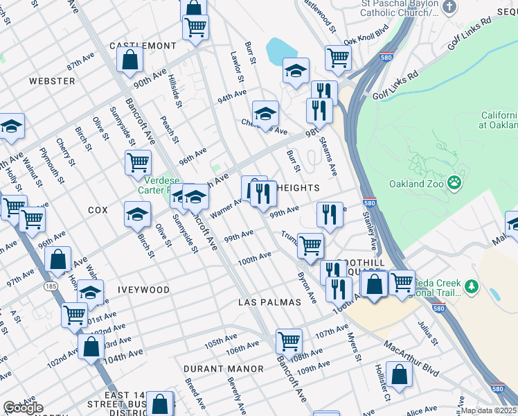 map of restaurants, bars, coffee shops, grocery stores, and more near in Oakland