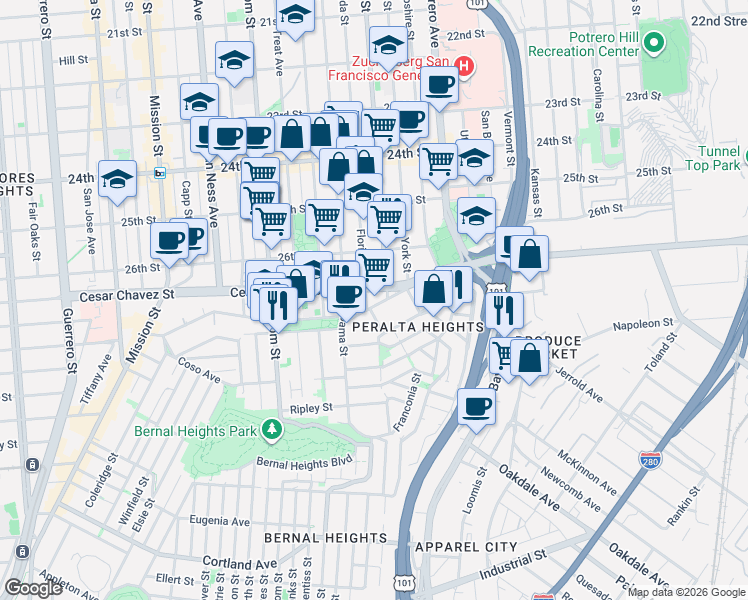 map of restaurants, bars, coffee shops, grocery stores, and more near 612 Precita Avenue in San Francisco