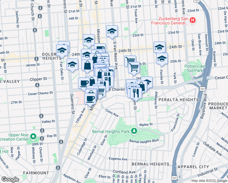map of restaurants, bars, coffee shops, grocery stores, and more near 187 Precita Avenue in San Francisco