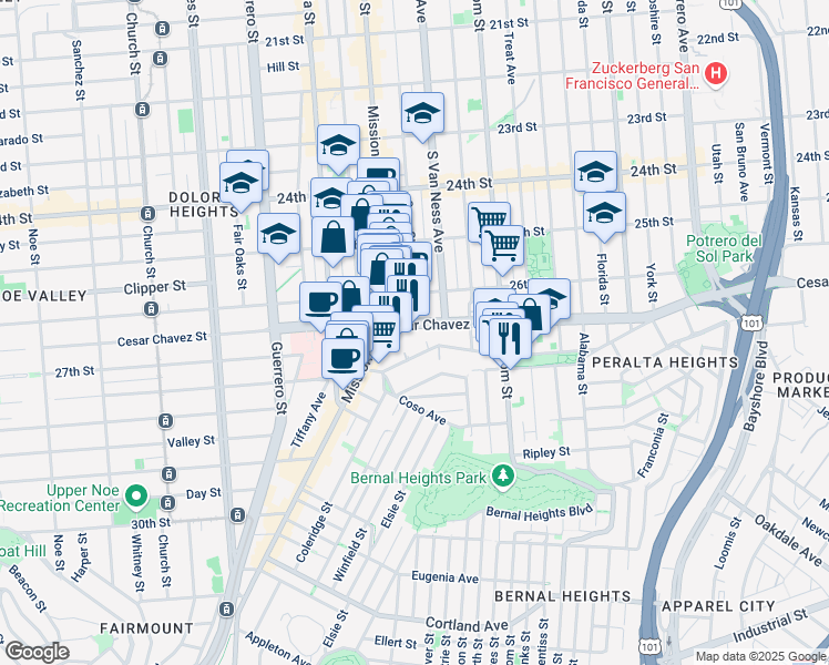 map of restaurants, bars, coffee shops, grocery stores, and more near 187 Precita Avenue in San Francisco