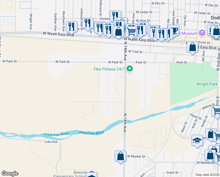 map of restaurants, bars, coffee shops, grocery stores, and more near 98 North 16th Avenue in Dodge City