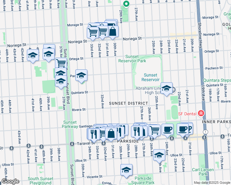 map of restaurants, bars, coffee shops, grocery stores, and more near 2130 31st Avenue in San Francisco