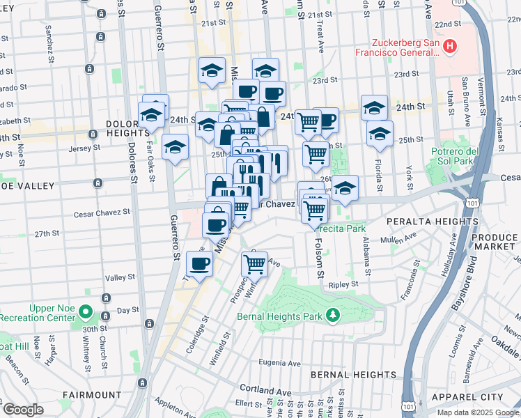 map of restaurants, bars, coffee shops, grocery stores, and more near 187 Precita Avenue in San Francisco