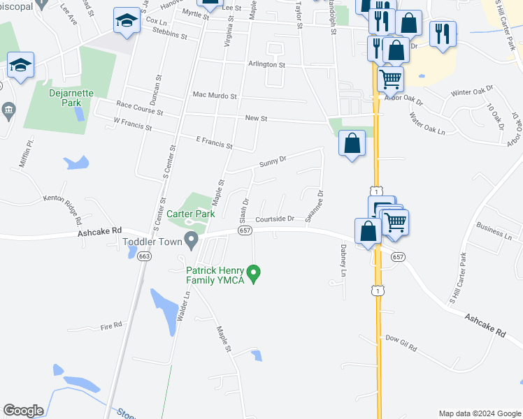 map of restaurants, bars, coffee shops, grocery stores, and more near 6 Courtside Lane in Ashland